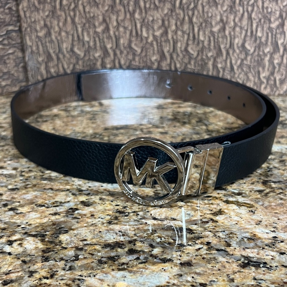 Michael Kors Black Belt with Silver Logo Buckle, Genuine Leather